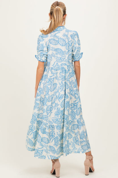 Light Blue Paisley Print Tiered Maternity Midi Dress