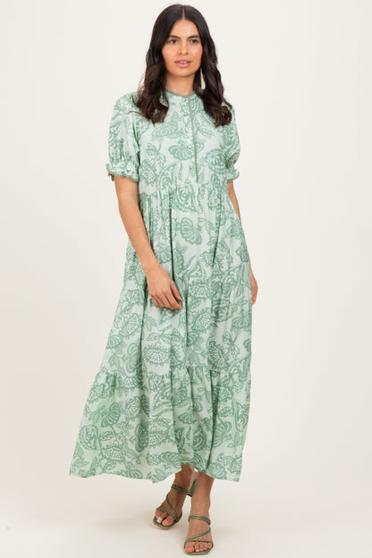 Light Sage Paisley Print Tiered Maternity Midi Dress