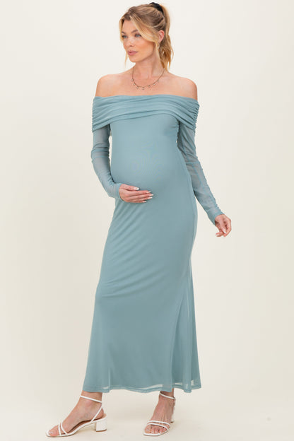 Blue Mesh Overlay Off Shoulder Long Sleeve Maternity Midi Dress