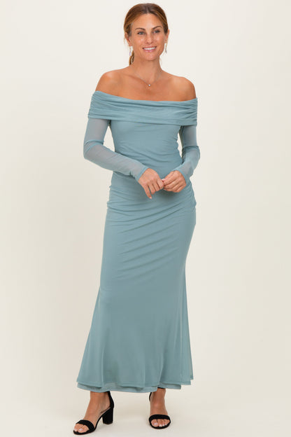 Blue Mesh Overlay Off Shoulder Long Sleeve Maternity Midi Dress