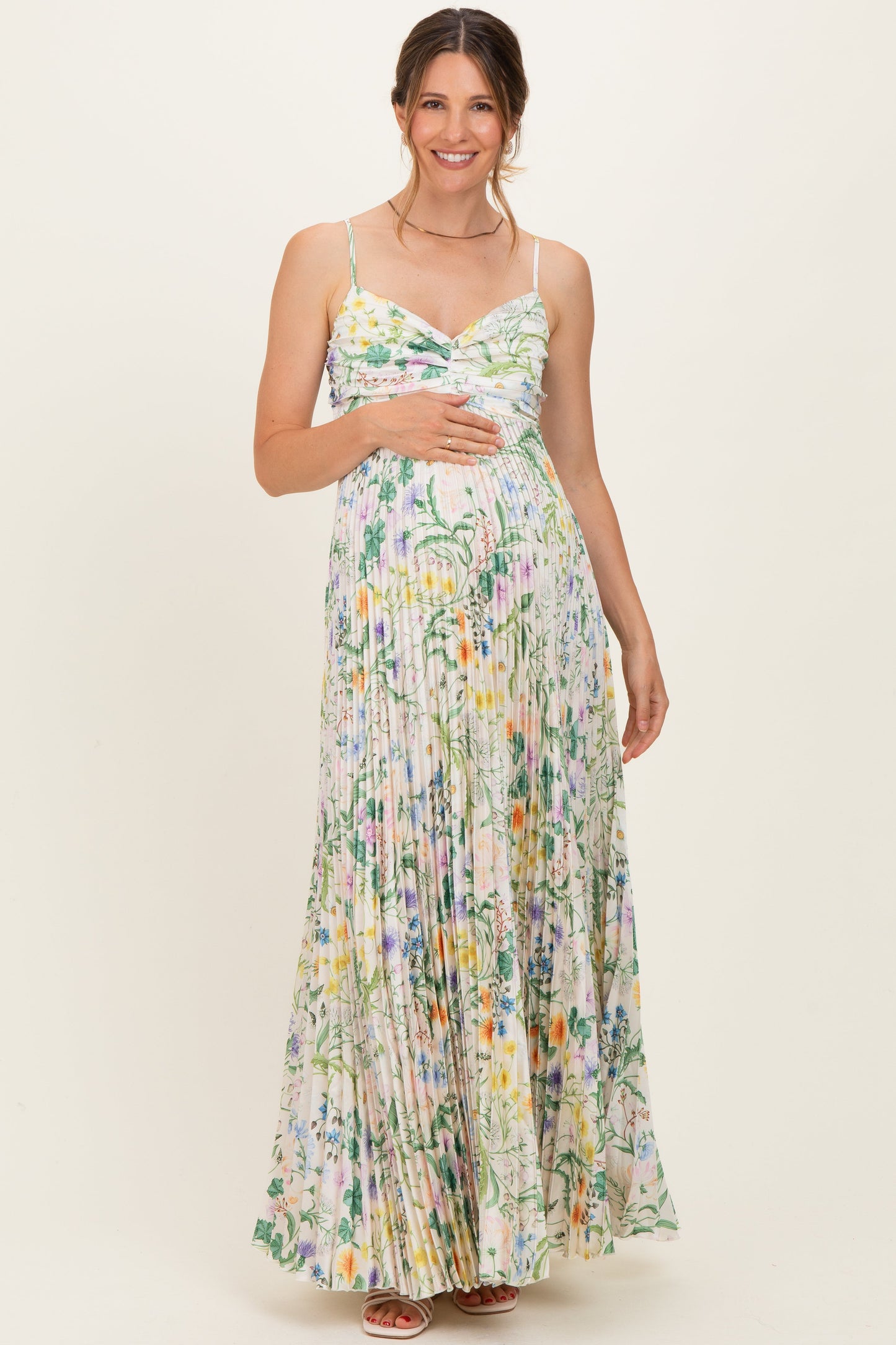 Ivory Floral Pleated Sleeveless Maternity Maxi Dress