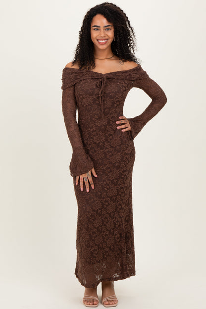 Chocolate Lace Off Shoulder Maternity Maxi Dress