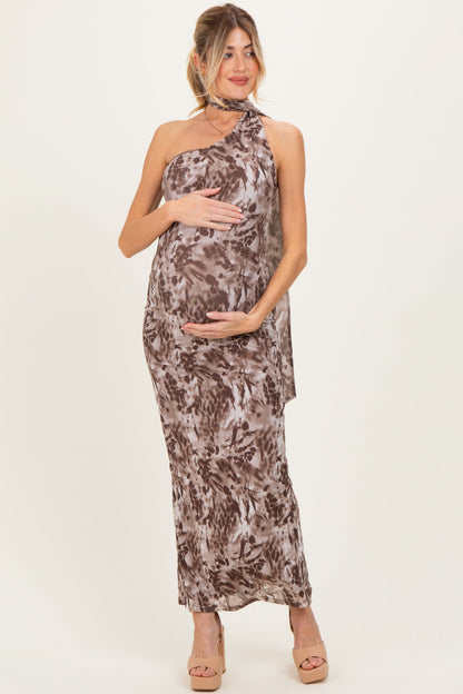 Mocha Printed Halter Maternity Maxi Dress