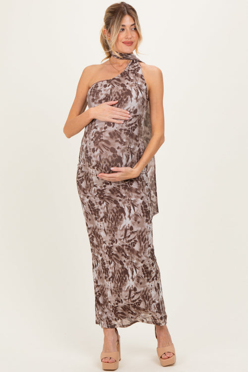 Mocha Printed Halter Maternity Maxi Dress