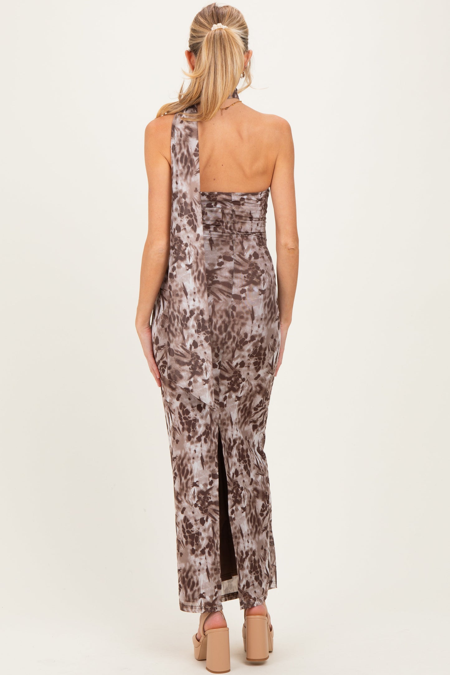 Mocha Printed Halter Maternity Maxi Dress
