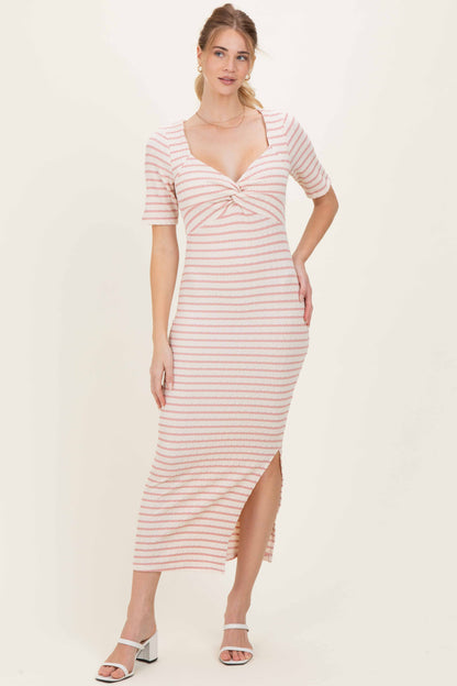 Cream/ Pink Striped Knit Short Sleeve Maternity Maxi Dress