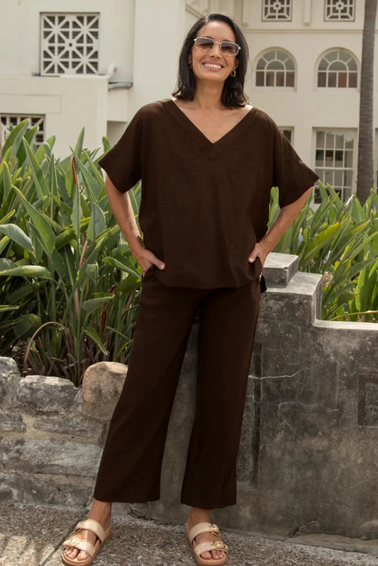 Gemma Straight Leg Tie Waist Pants Chocolate Brown