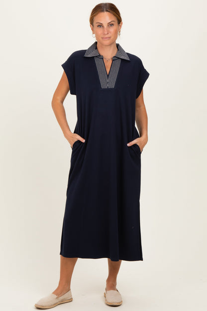 Navy Striped Collared Side Slit Maternity Midi Dress