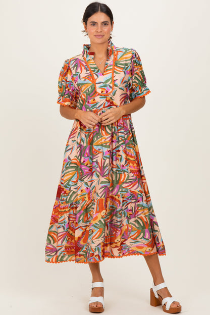 Pink Mix Leaf Print Pocketed Maternity Midi Dress
