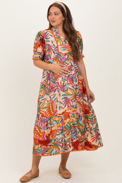Pink Mix Leaf Print Pocketed Maternity Midi Dress
