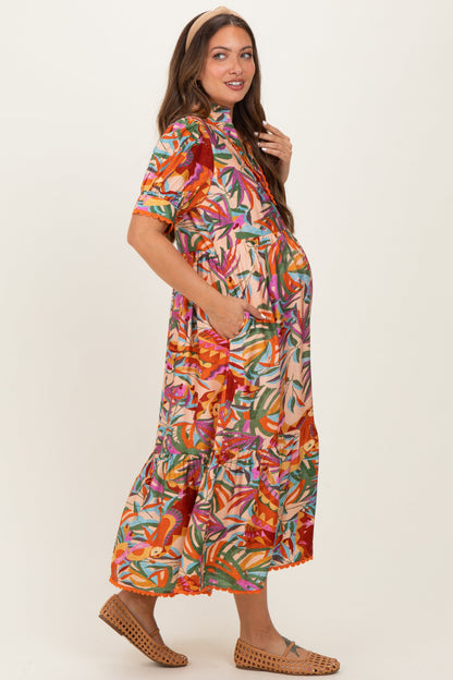 Pink Mix Leaf Print Pocketed Maternity Midi Dress