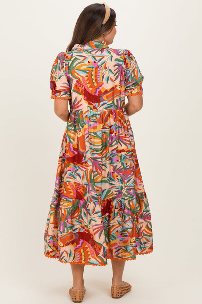 Pink Mix Leaf Print Pocketed Maternity Midi Dress