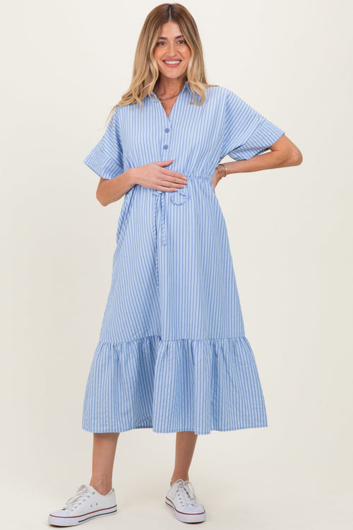 Light Blue Striped Button Collared Maternity Midi Dress