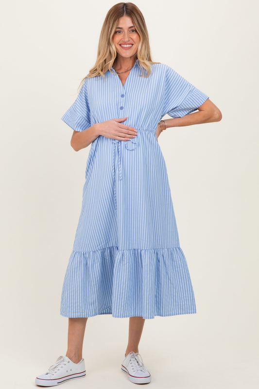 Light Blue Striped Button Collared Maternity Midi Dress