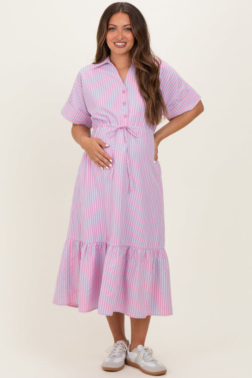Pink Striped Button Collared Maternity Midi Dress