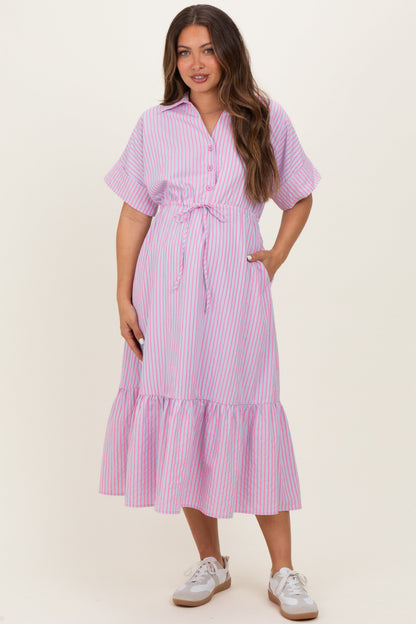 Pink Striped Button Collared Maternity Midi Dress