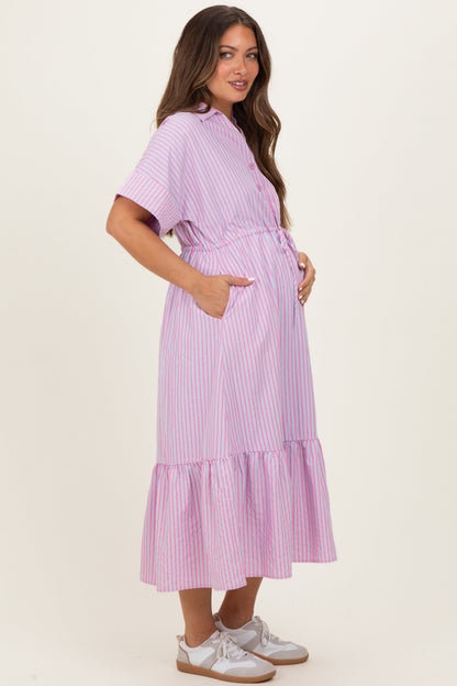 Pink Striped Button Collared Maternity Midi Dress