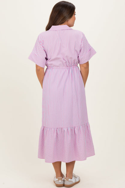 Pink Striped Button Collared Maternity Midi Dress