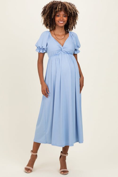 Light Blue Ribbed Short Sleeve Empire Waist V-Neck Maternity Maxi Dress