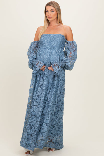 Blue Lace Off Shoulder Long Sleeve Maternity Maxi Dress