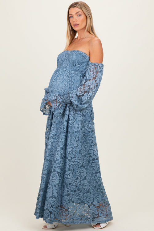 Blue Lace Off Shoulder Long Sleeve Maternity Maxi Dress