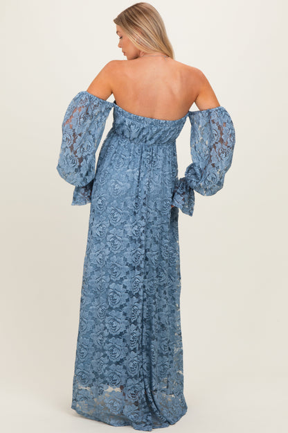 Blue Lace Off Shoulder Long Sleeve Maternity Maxi Dress