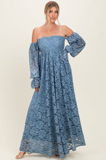 Blue Lace Off Shoulder Long Sleeve Maternity Maxi Dress