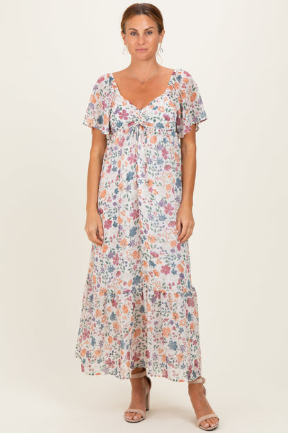 Ivory Floral Short Sleeve Maternity Maxi Dress