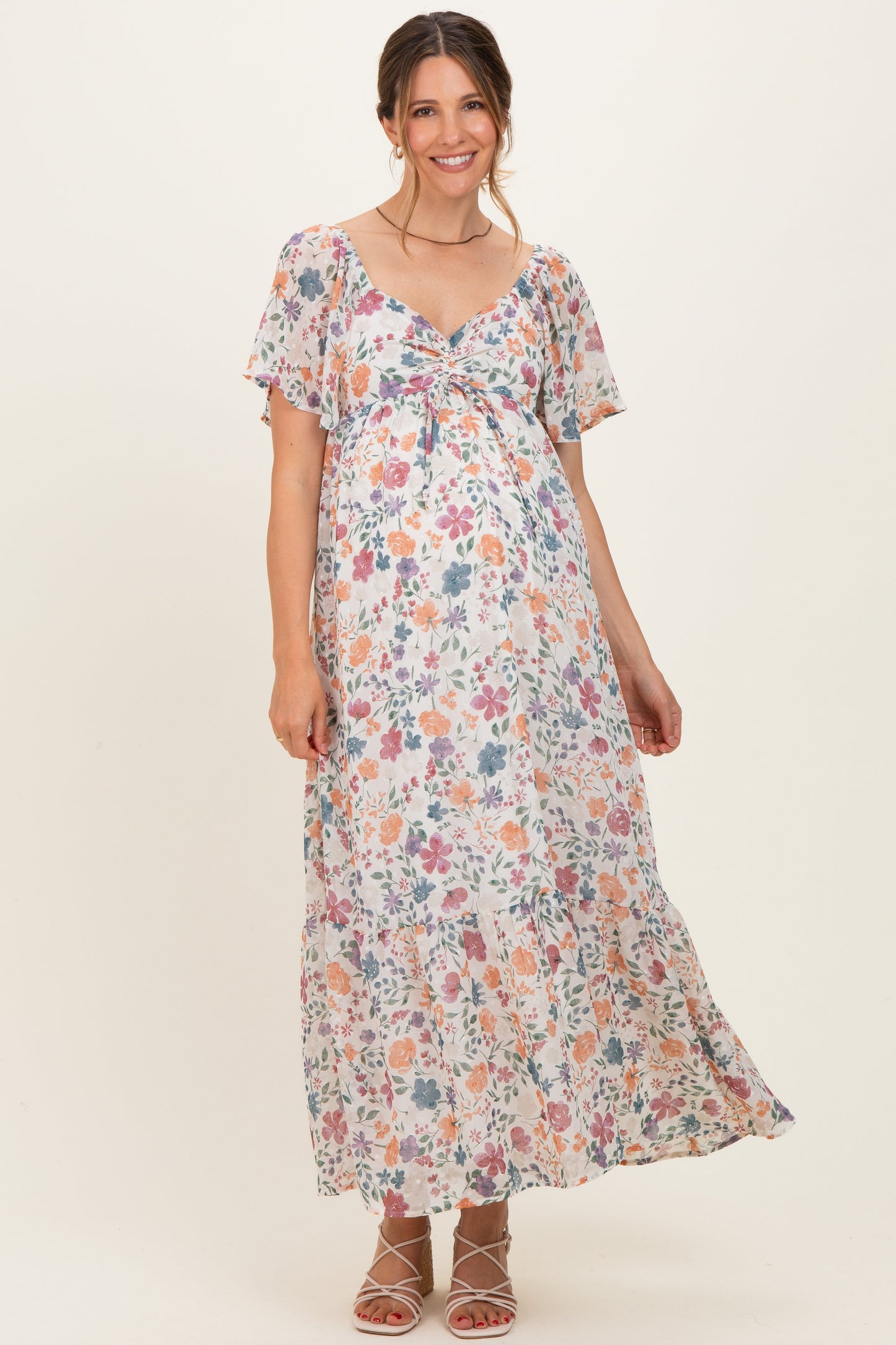 Ivory Floral Short Sleeve Maternity Maxi Dress