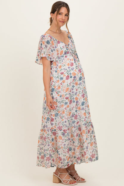 Ivory Floral Short Sleeve Maternity Maxi Dress