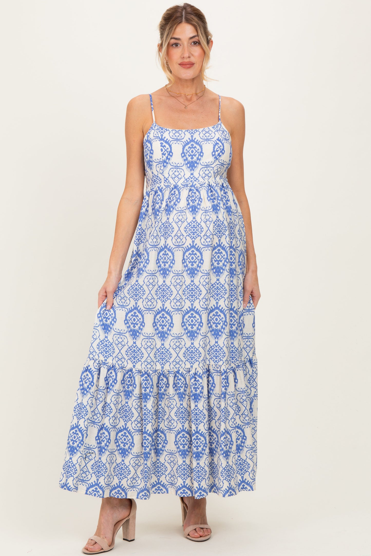 Blue Printed Cutout Tie Back Maternity Maxi Dress