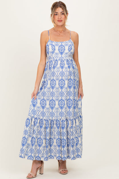 Blue Printed Cutout Tie Back Maternity Maxi Dress