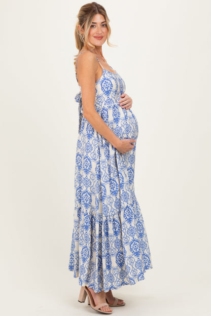 Blue Printed Cutout Tie Back Maternity Maxi Dress