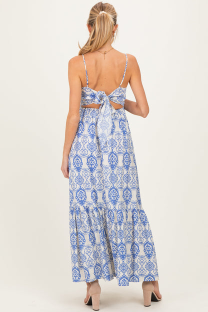 Blue Printed Cutout Tie Back Maternity Maxi Dress