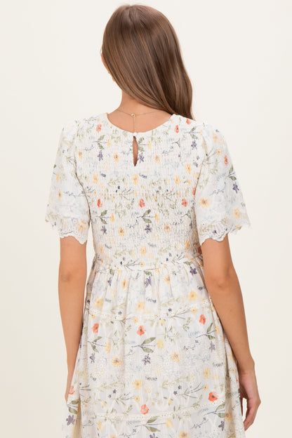 Beige Floral Button Down Collared Maternity Midi Dress