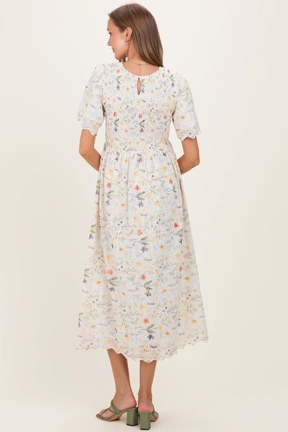 Beige Floral Button Down Collared Maternity Midi Dress