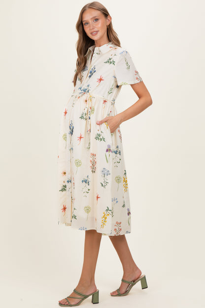Ivory Floral Button Down Maternity Midi Dress