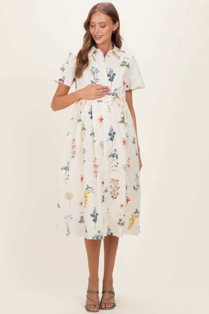Ivory Floral Button Down Maternity Midi Dress