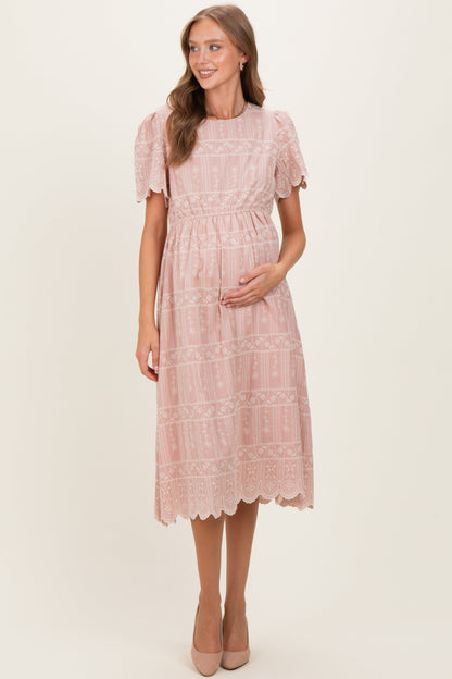Light Pink Embroidered Floral Maternity Midi Dress