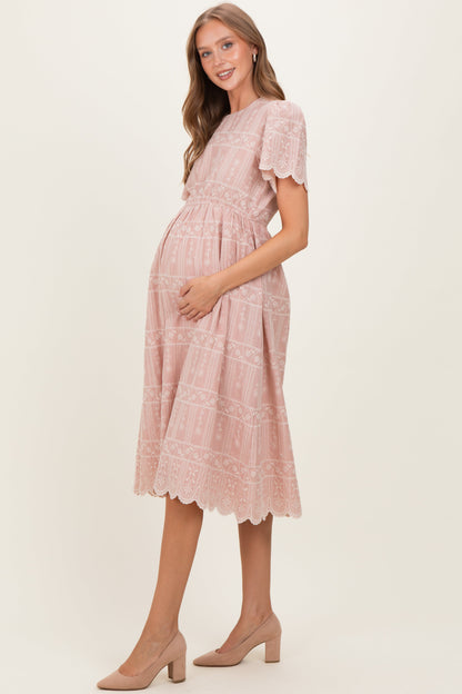 Light Pink Embroidered Floral Maternity Midi Dress