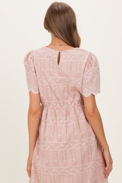 Light Pink Embroidered Floral Maternity Midi Dress