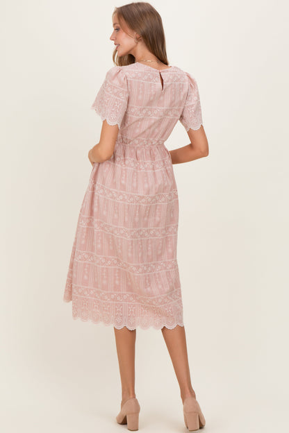 Light Pink Embroidered Floral Maternity Midi Dress