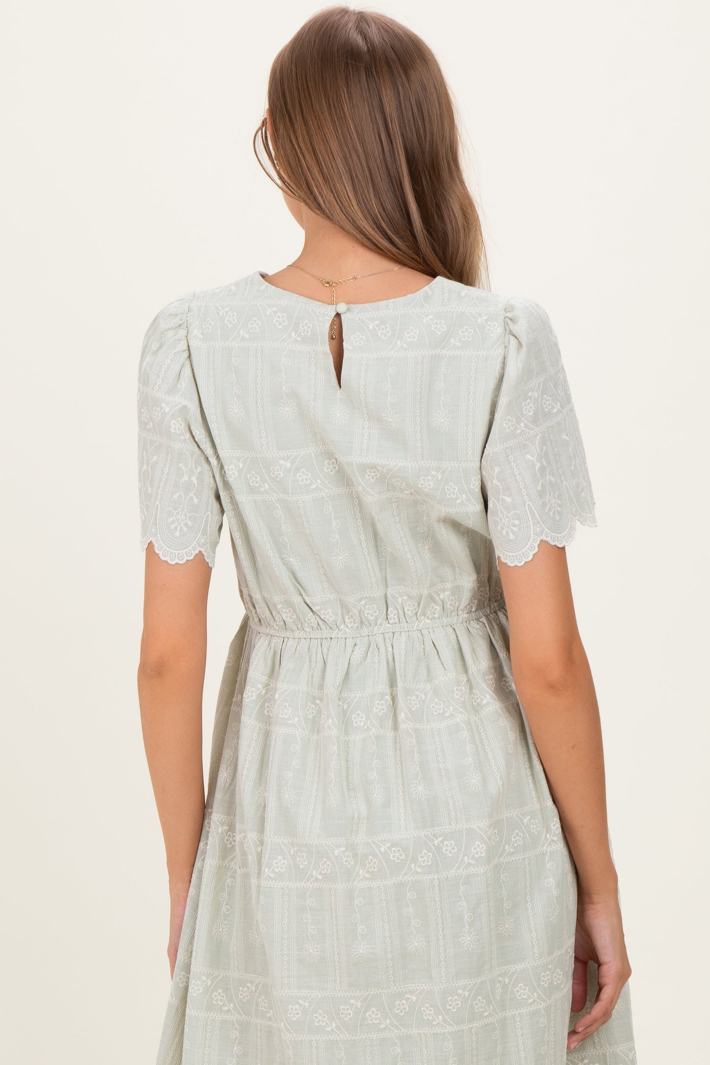 Light Olive Embroidered Floral Maternity Midi Dress