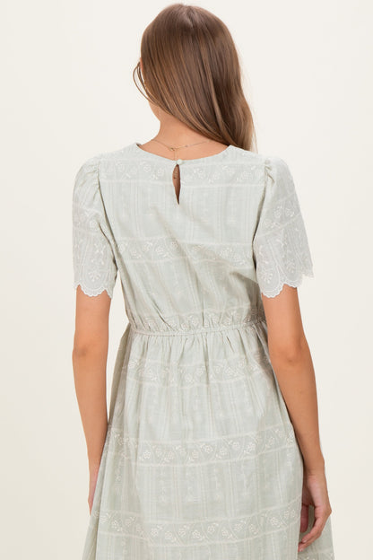 Light Olive Embroidered Floral Maternity Midi Dress