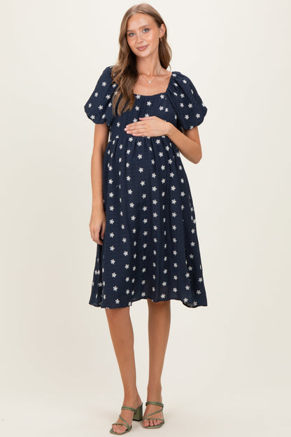 Navy Blue Floral Embroidered Short Sleeve Maternity Dress