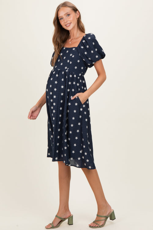 Navy Blue Floral Embroidered Short Sleeve Maternity Dress