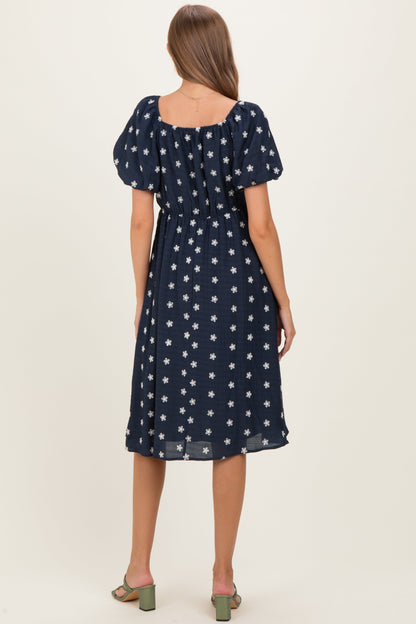 Navy Blue Floral Embroidered Short Sleeve Maternity Dress
