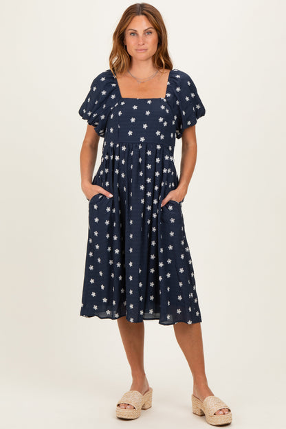 Navy Blue Floral Embroidered Short Sleeve Maternity Dress