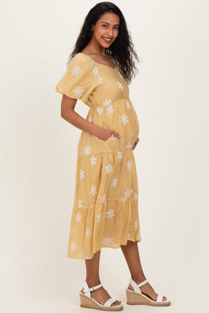 Saffron Yellow Embroidered Floral Tiered Maternity Midi Dress