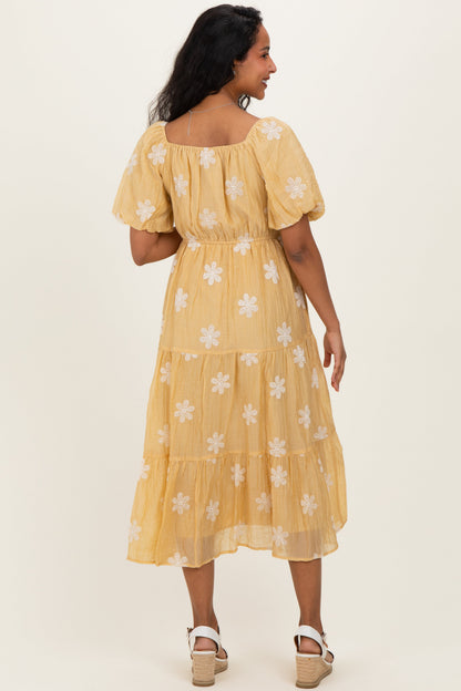Saffron Yellow Embroidered Floral Tiered Maternity Midi Dress